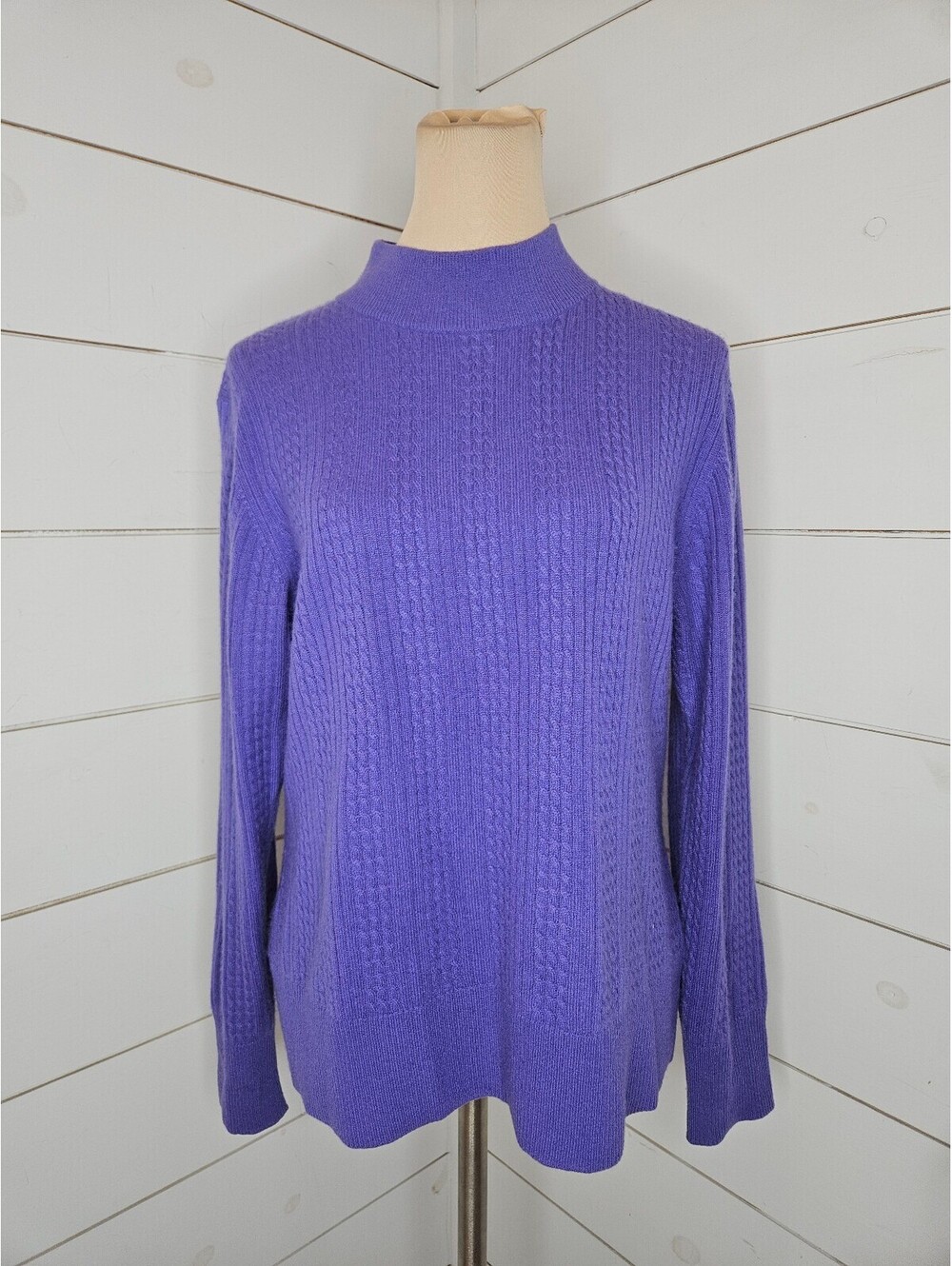 Investments large purple cable knit 100% cashmere mock neck sweater